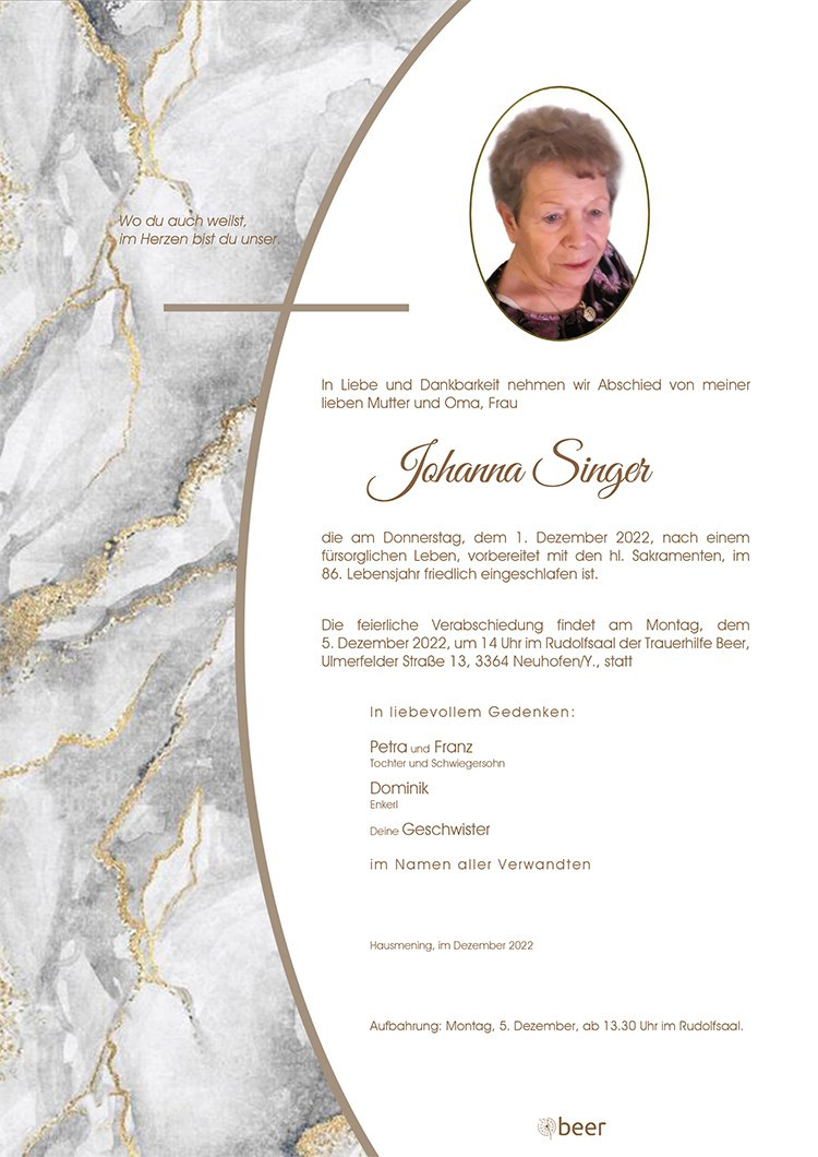 Traueranzeige von Johanna Singer