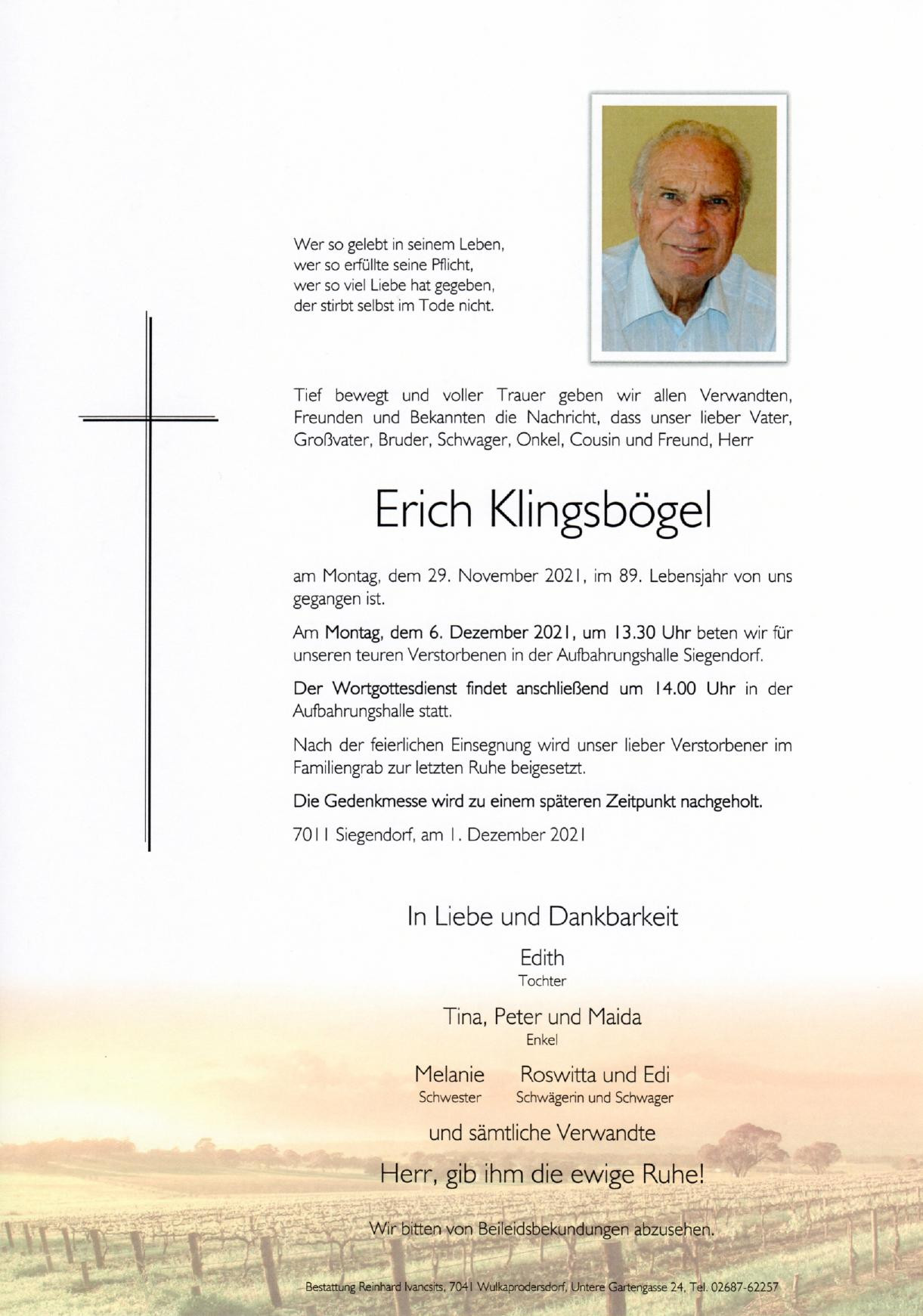 Traueranzeige von Erich Klingsbögel