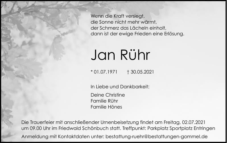 Traueranzeige von Jan Rühr