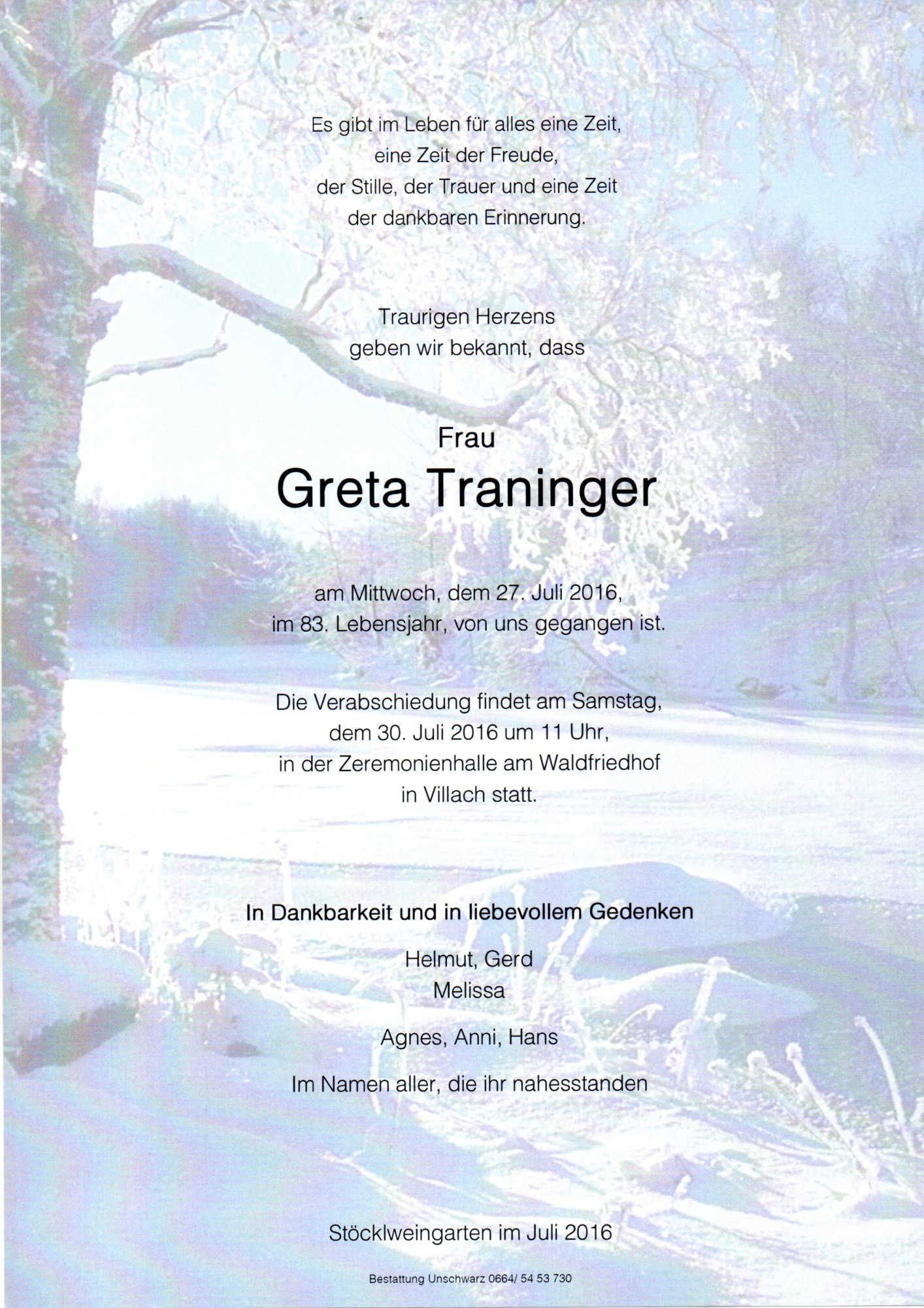 Traueranzeige von Margarethe Traninger