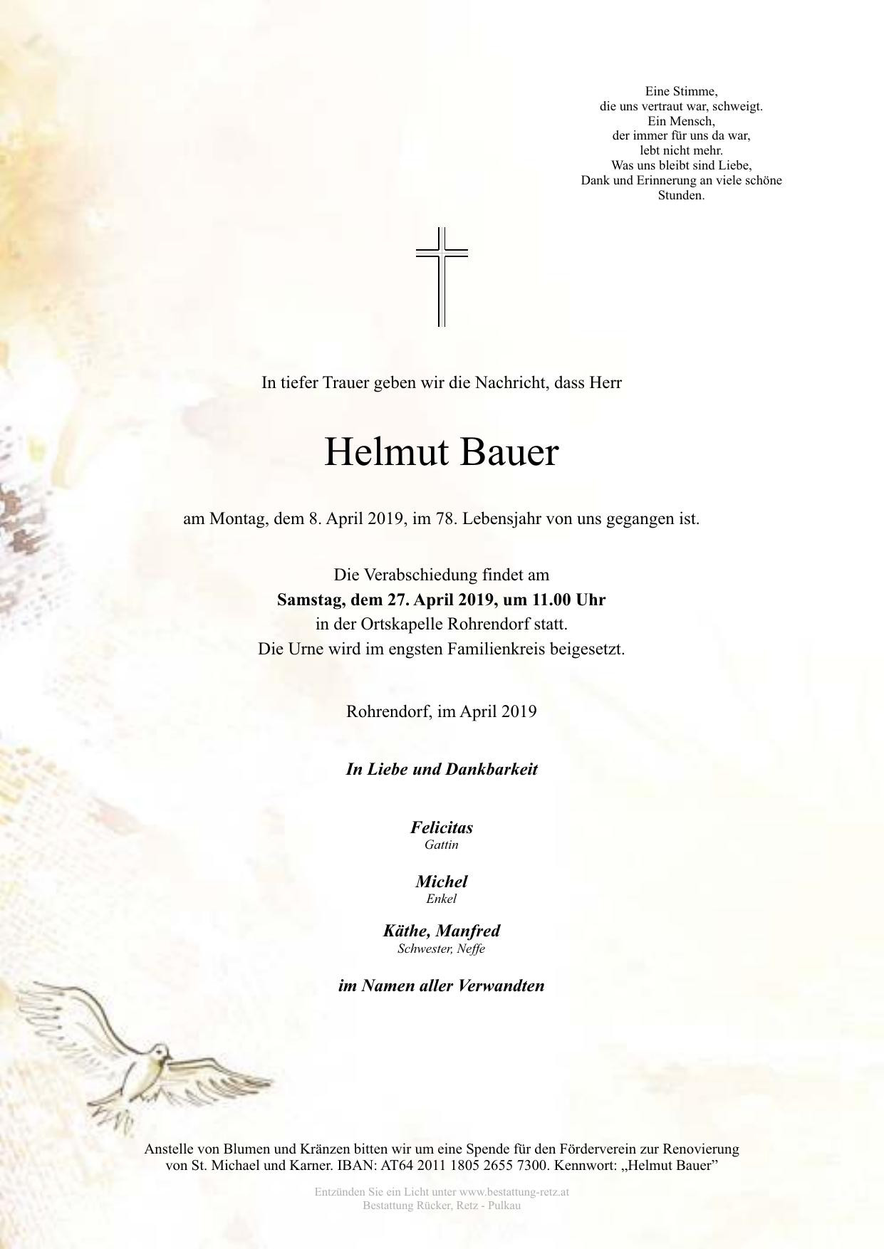 Traueranzeige von Helmut Bauer
