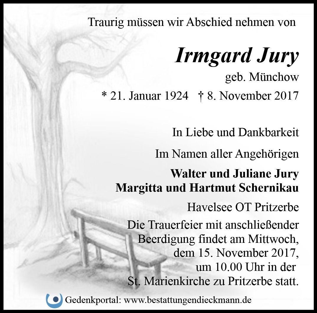 Traueranzeige von Irmgard Jury
