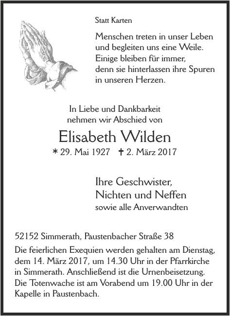Traueranzeige von Elisabeth Wilden
