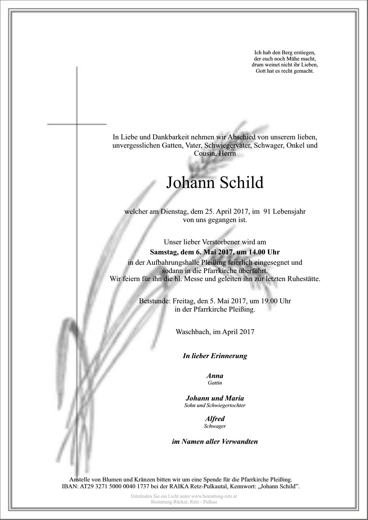 Traueranzeige von Johann Schild