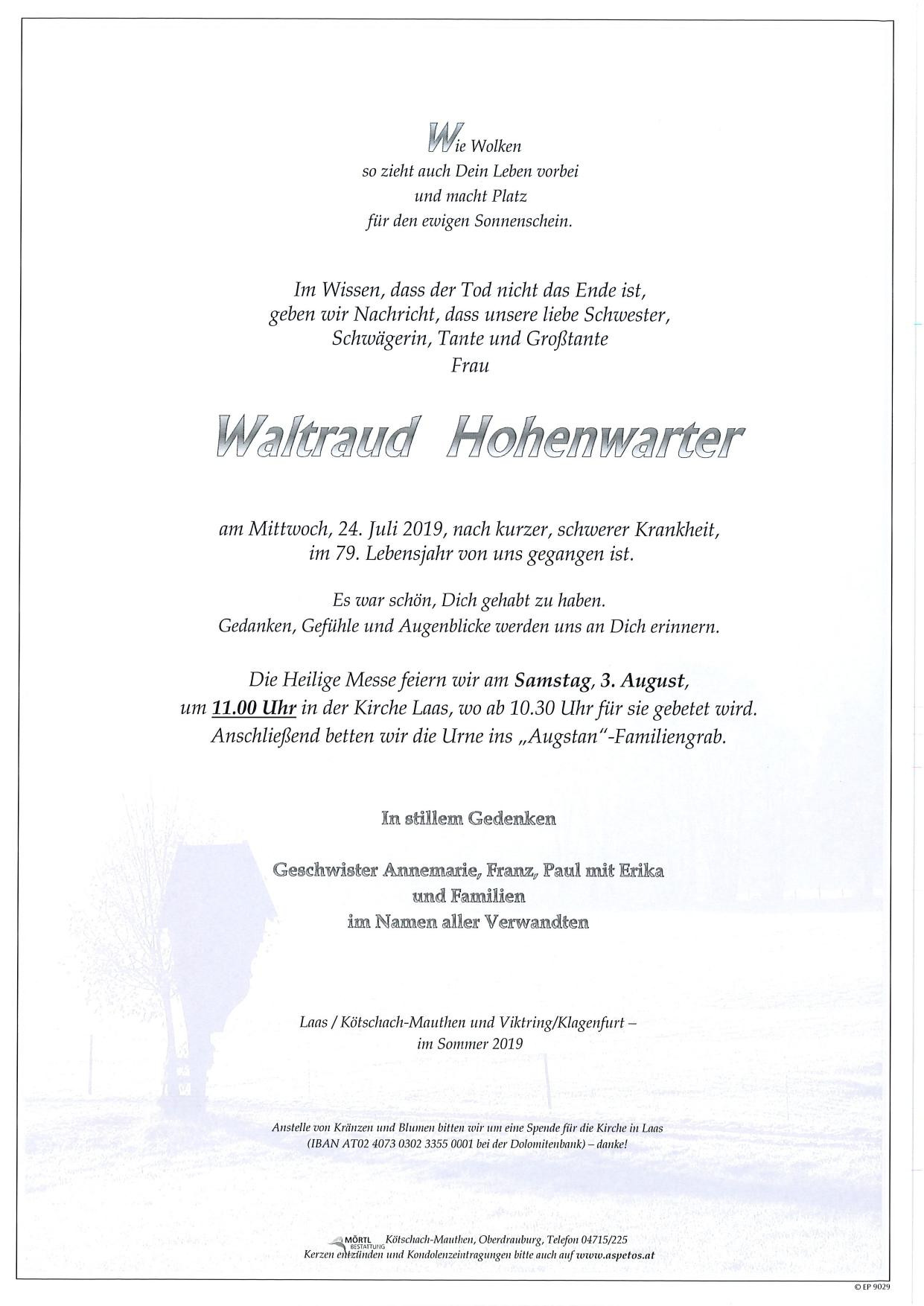 Traueranzeige von Waltraud Hohenwarter