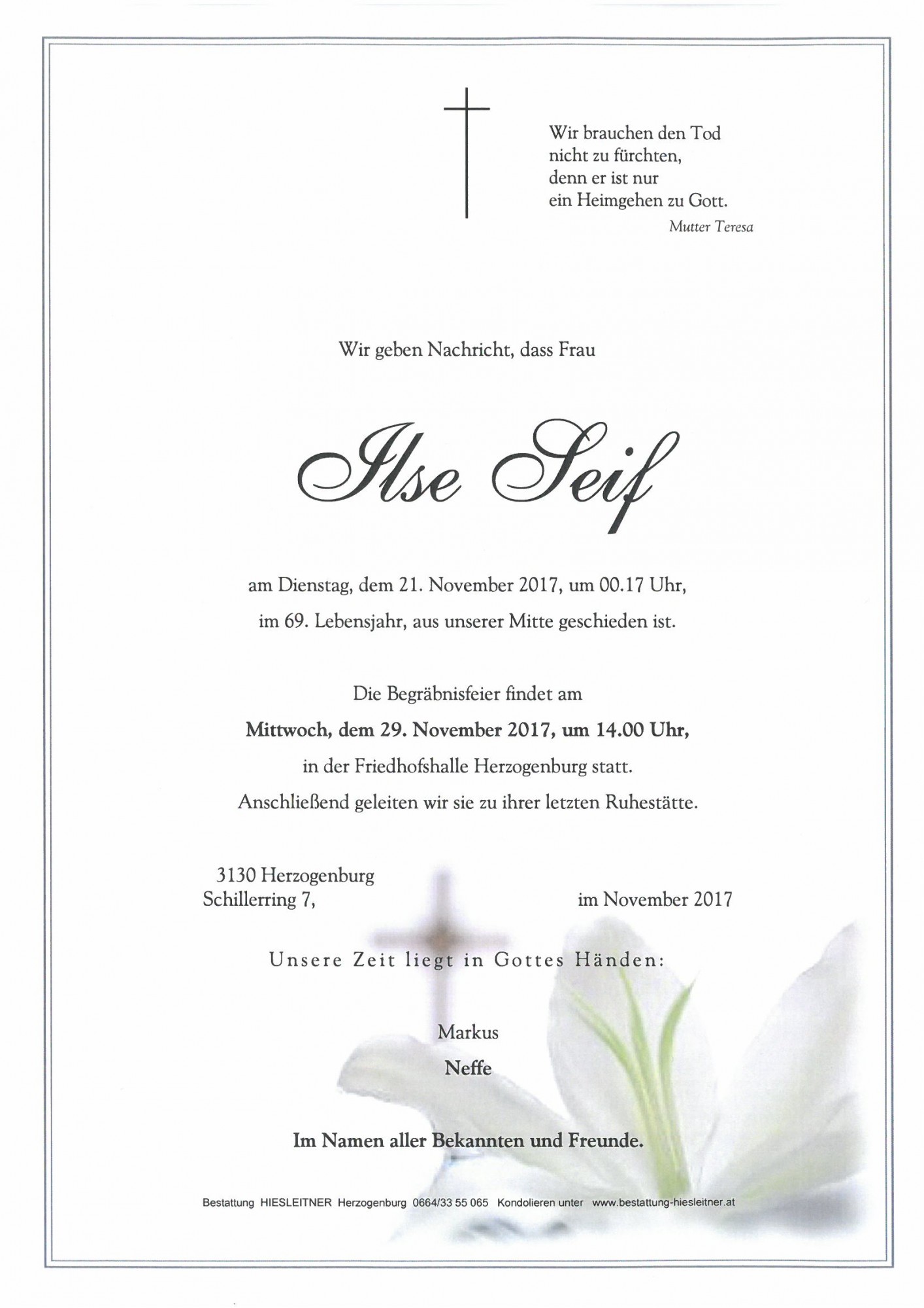Traueranzeige von Ilse Seif