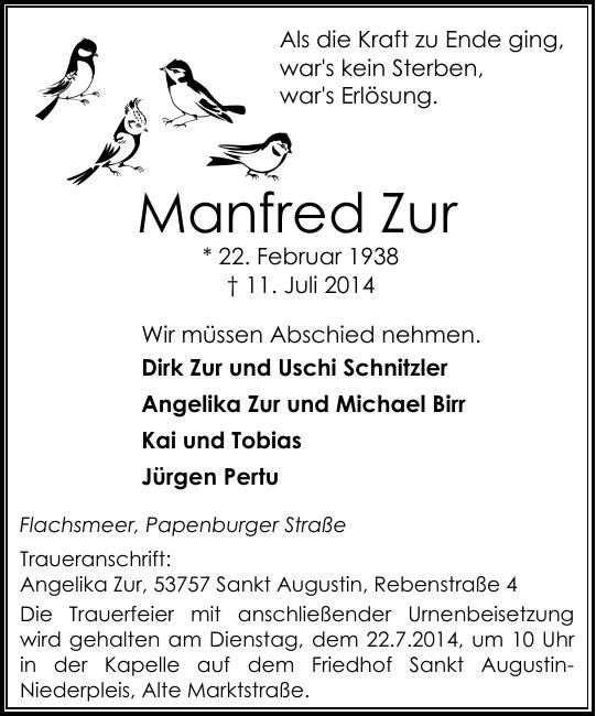 Traueranzeige von Manfred Zur