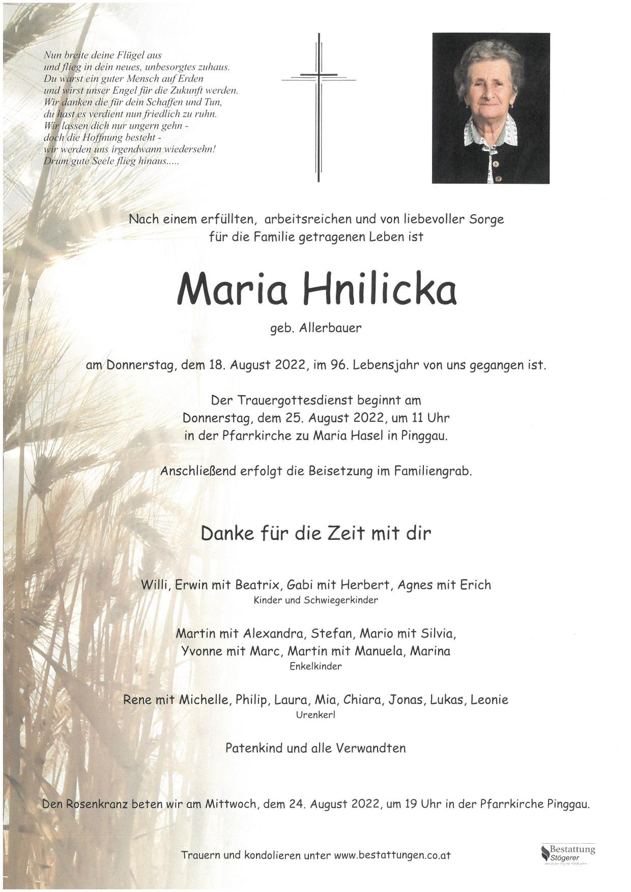 Traueranzeige von Maria Hnilicka