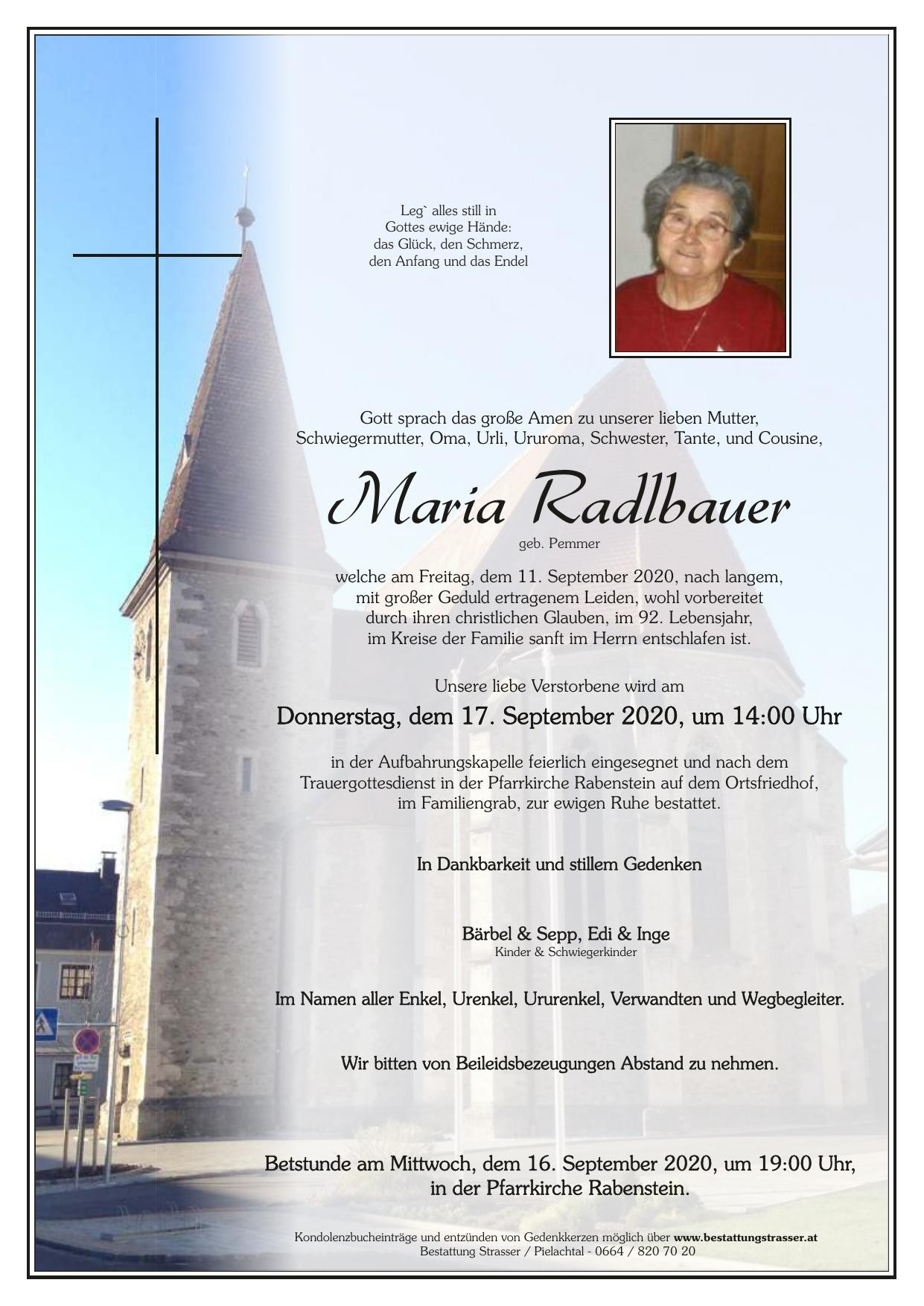 Traueranzeige von Maria Radlbauer