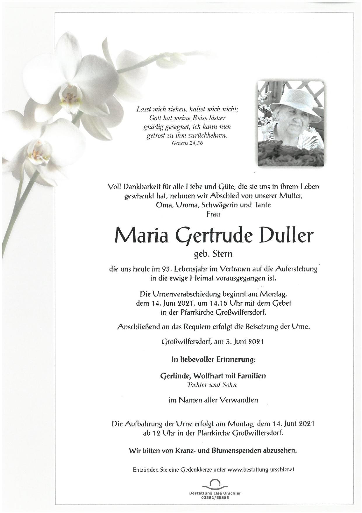 Traueranzeige von Maria Gertrude Duller