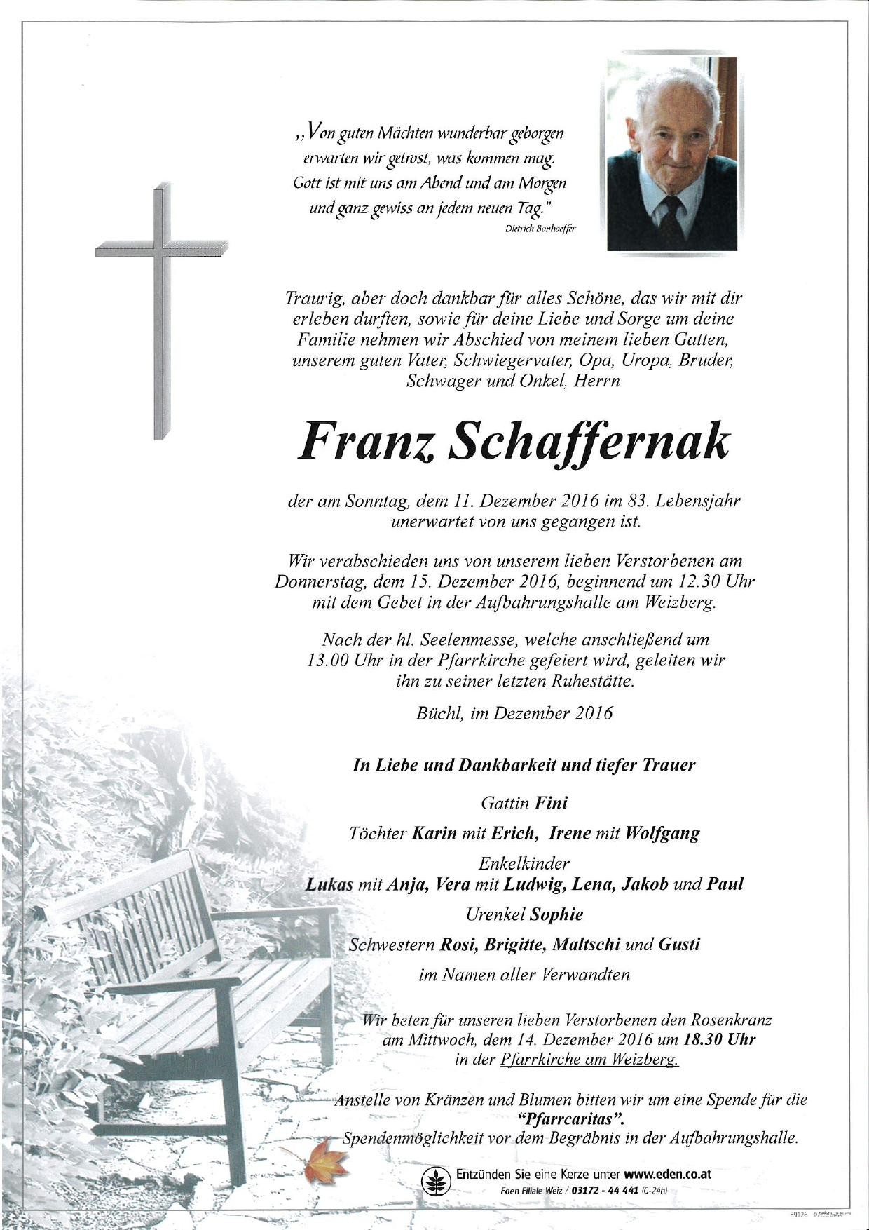 Traueranzeige von Franz Schaffernak