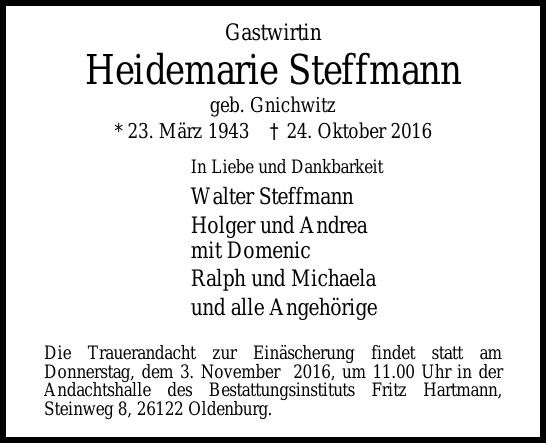 Traueranzeige von Heidemarie Steffmann