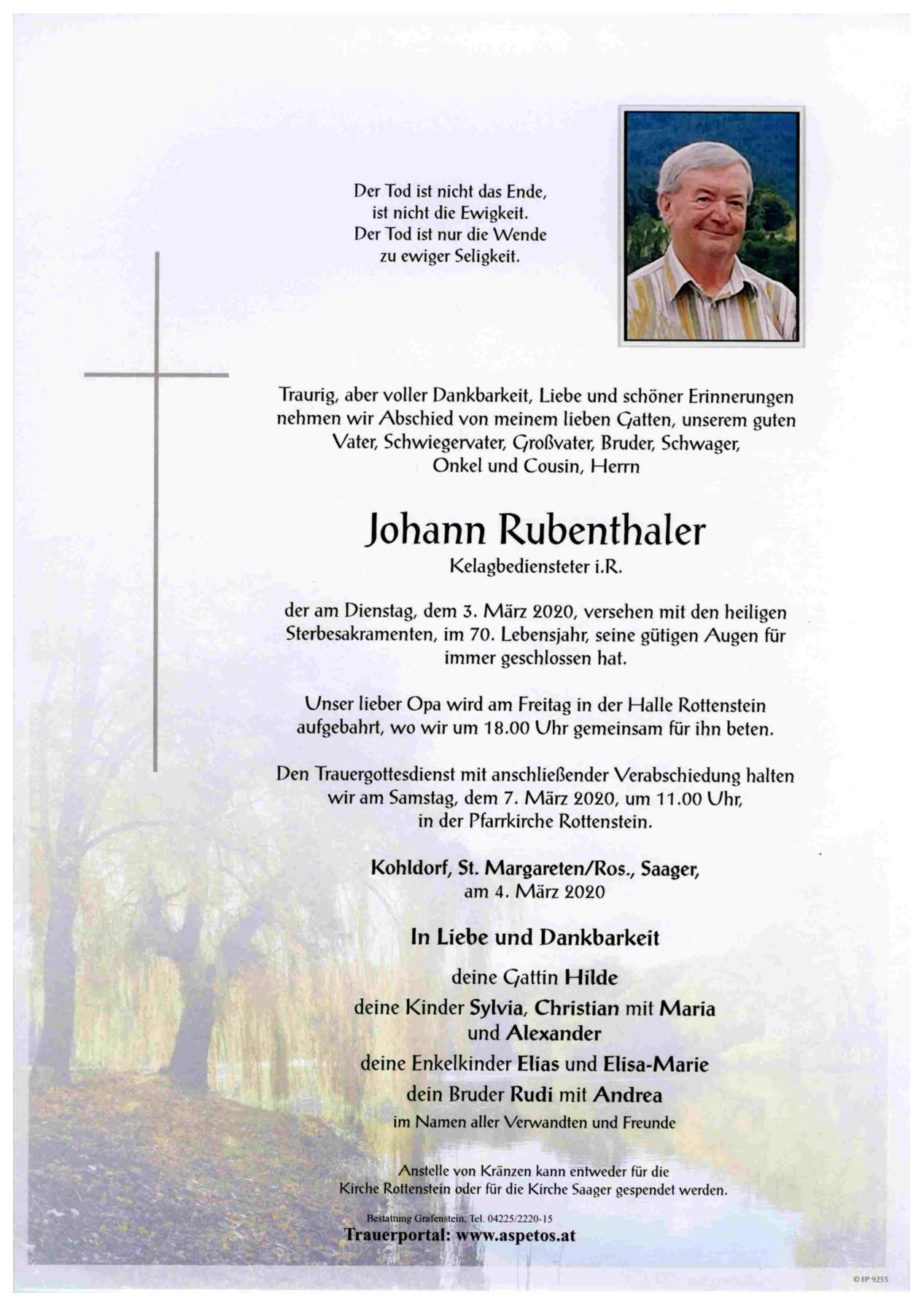 Traueranzeige von Johann Rubenthaler