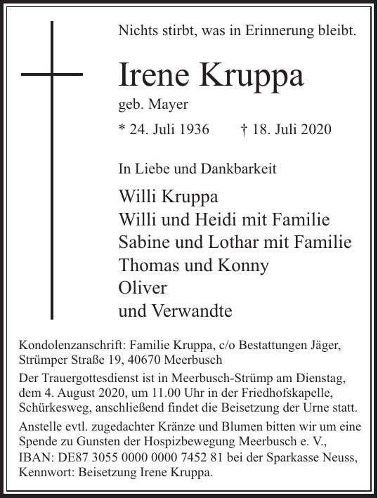 Traueranzeige von Irene Kruppa