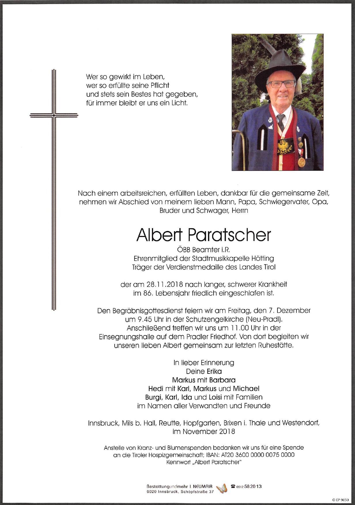 Traueranzeige von Albert Paratscher