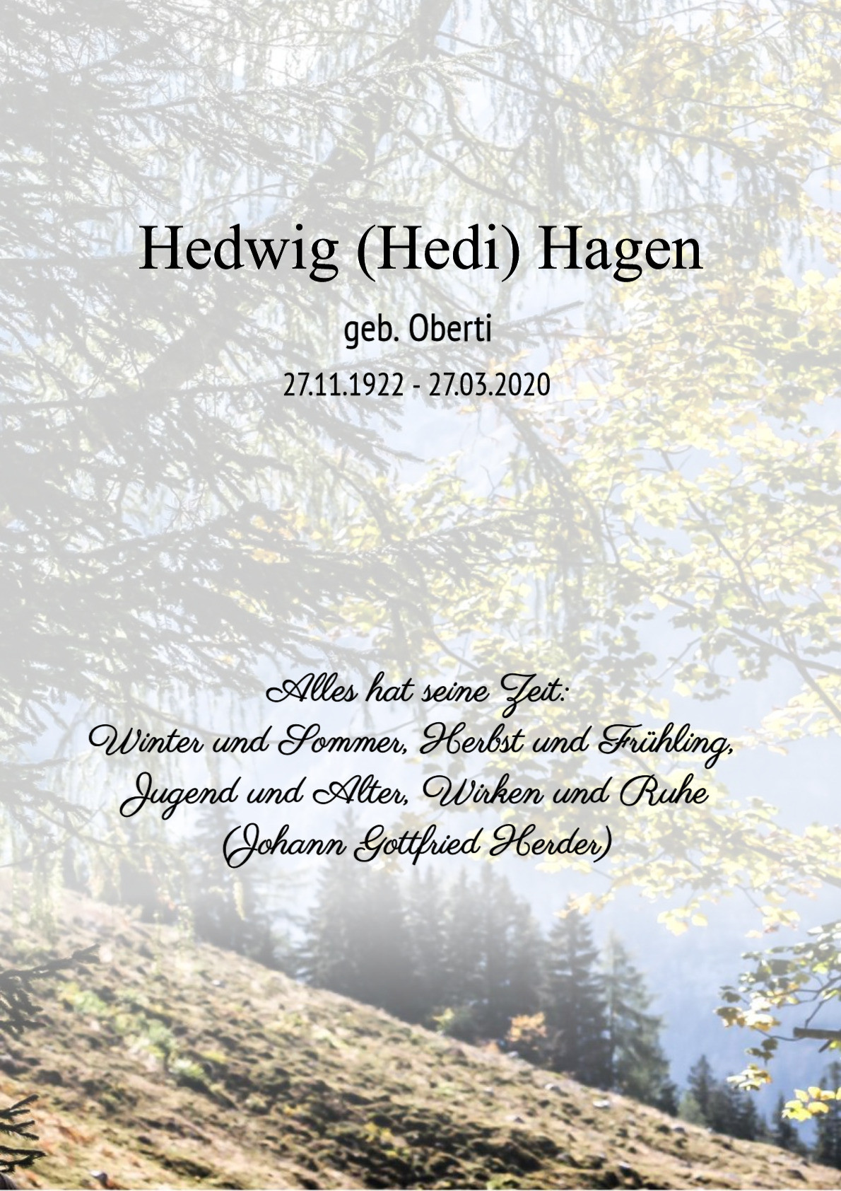 Traueranzeige von Hedwig (Hedi) Hagen