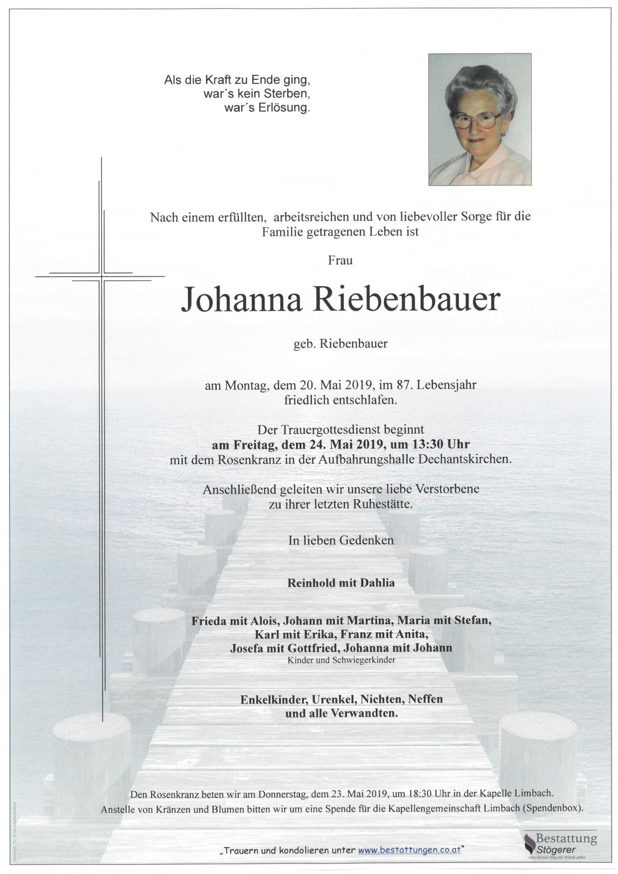 Traueranzeige von Riebenbauer Johanna