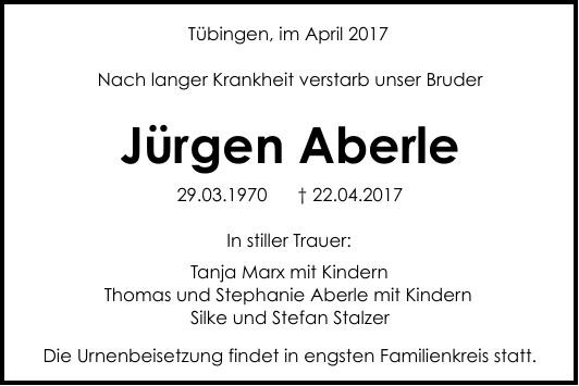 Traueranzeige von Jürgen Aberle
