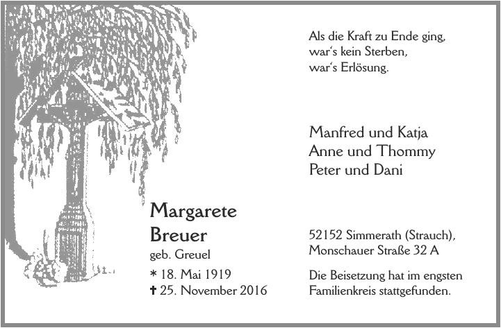 Traueranzeige von Margarete Breuer