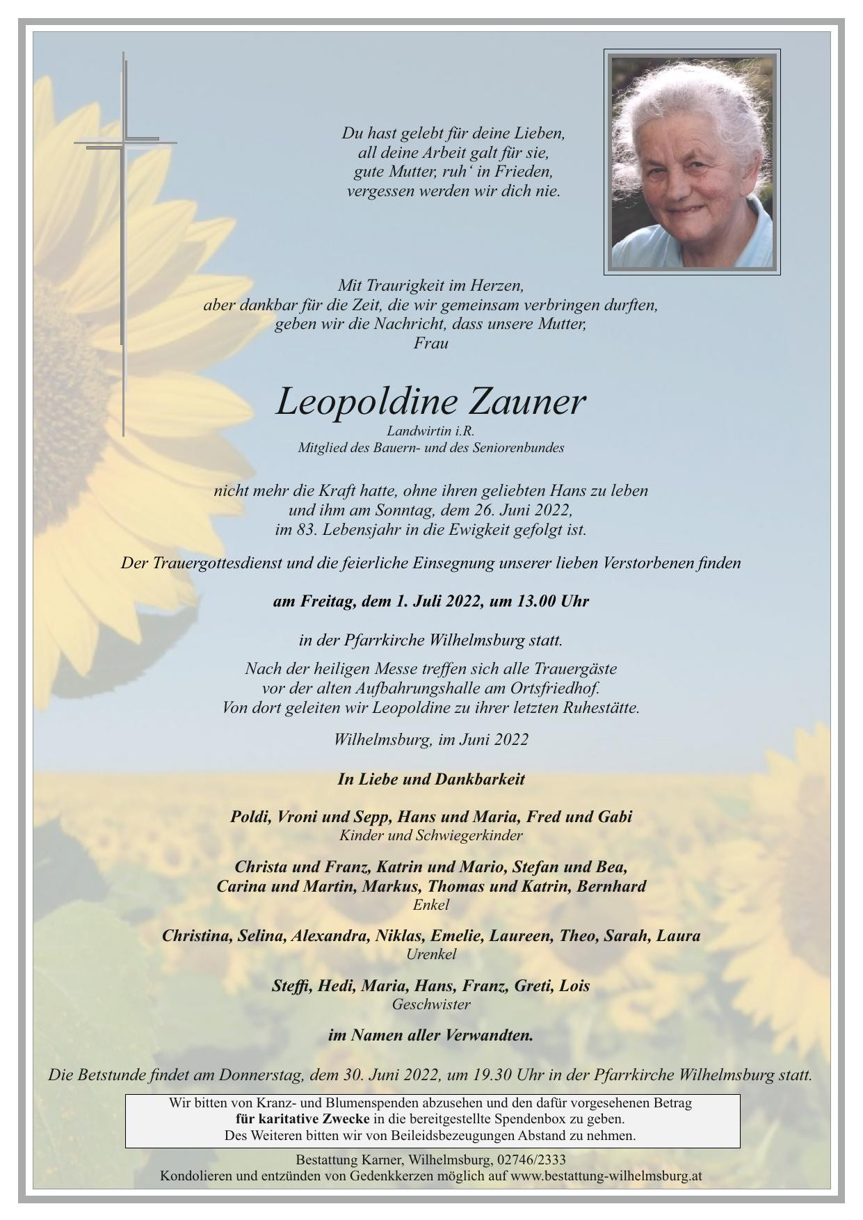 Traueranzeige von Leopoldine Zauner