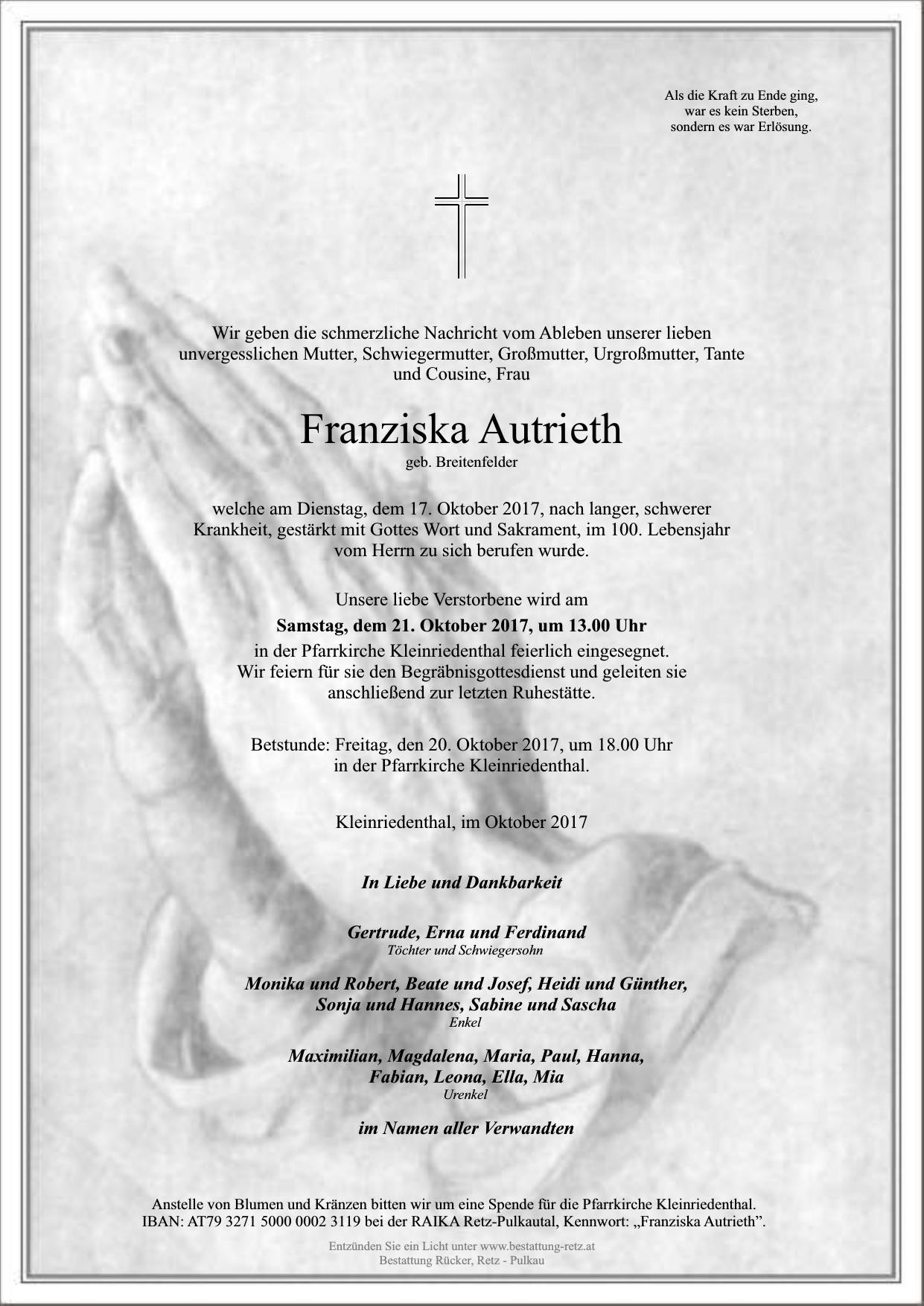 Traueranzeige von Franziska Autrieth