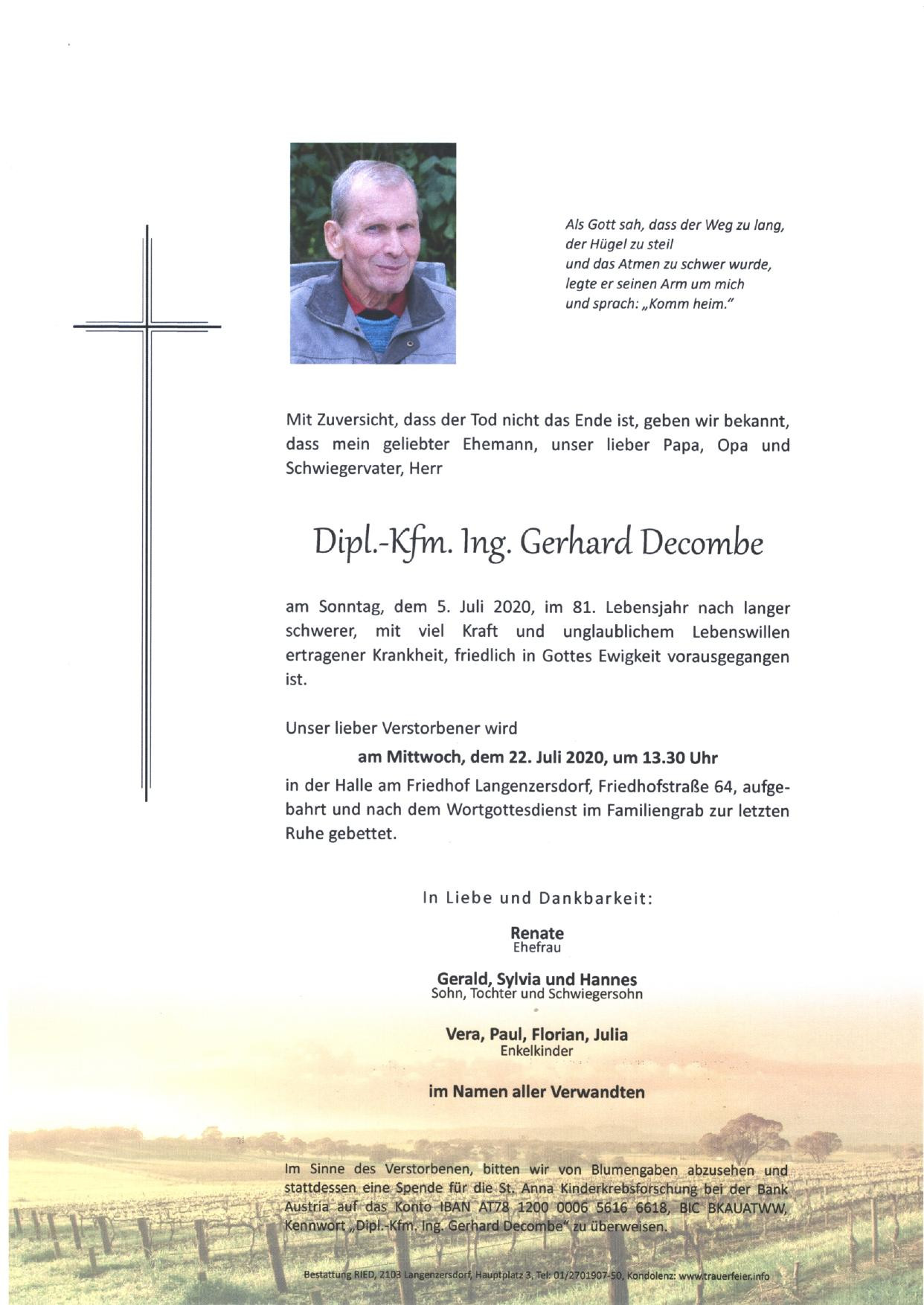 Traueranzeige von Dkfm. Ing. Gerhard Decombe