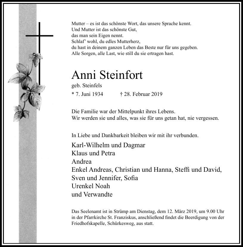 Traueranzeige von Anni Steinfort