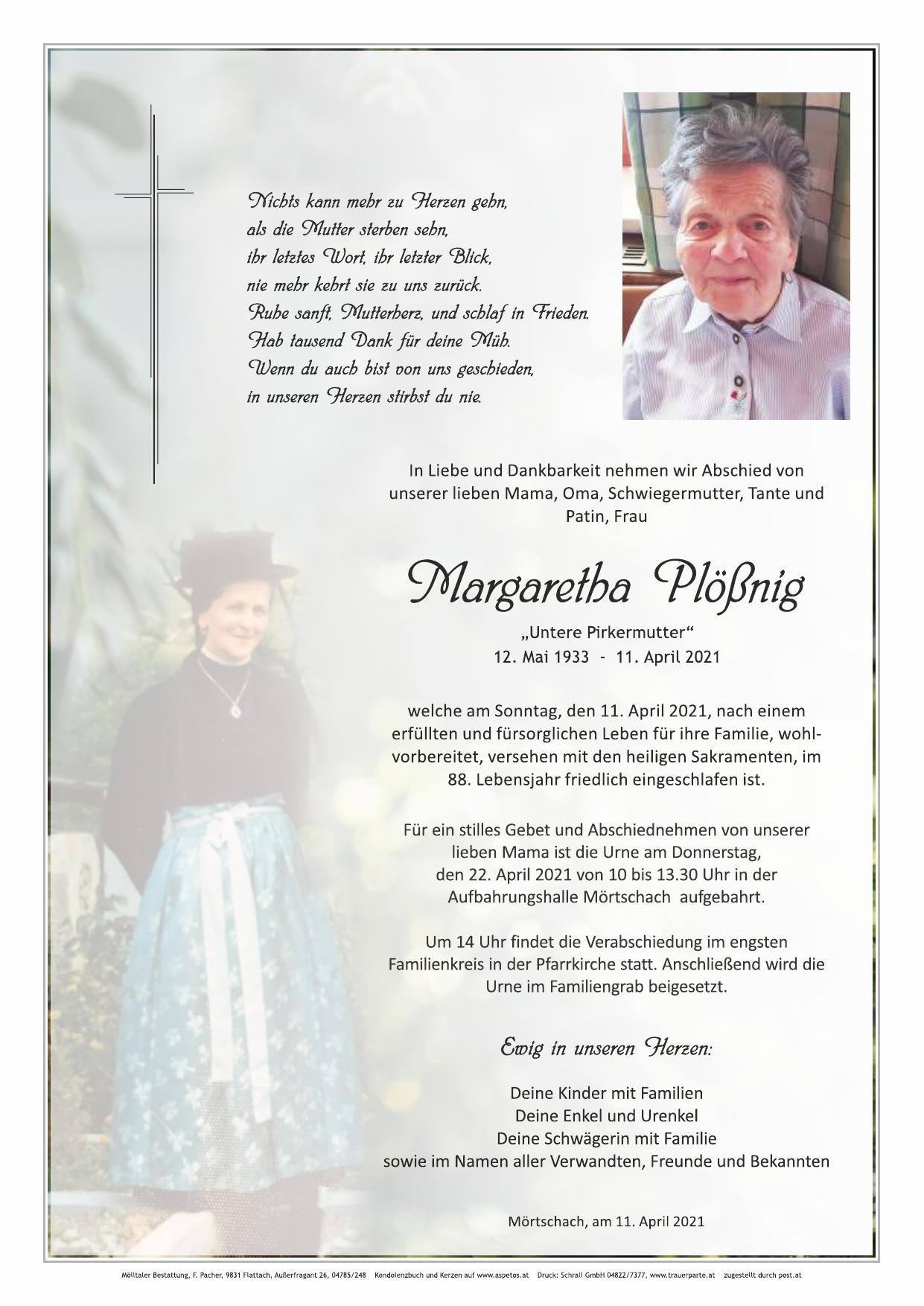 Traueranzeige von Margaretha Plößnig