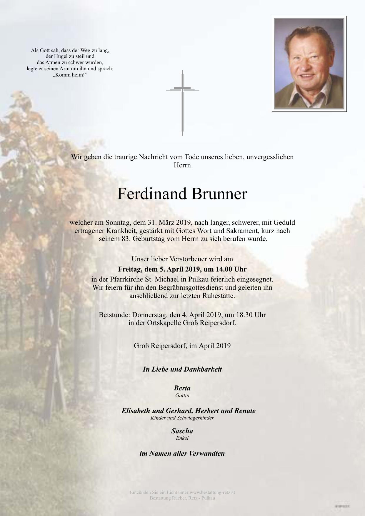 Traueranzeige von Ferdinand Brunner