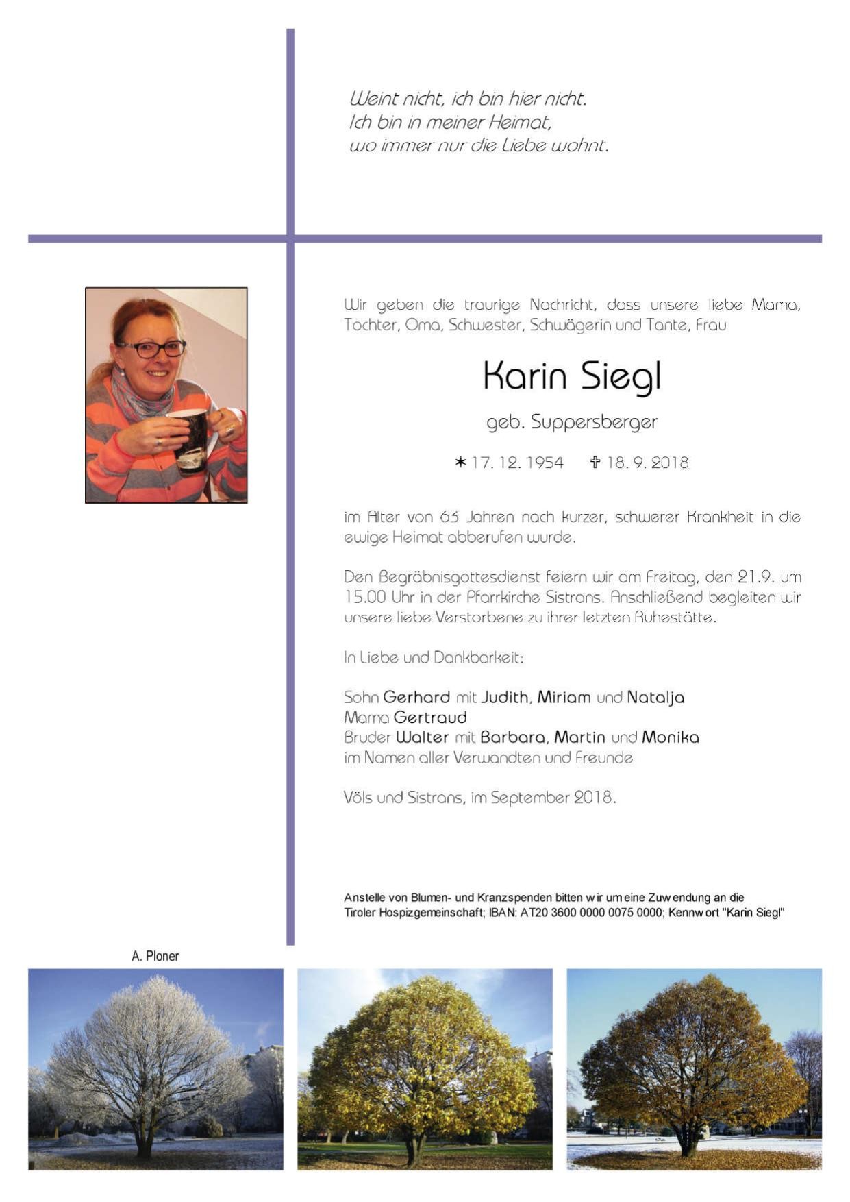 Traueranzeige von Karin Siegl