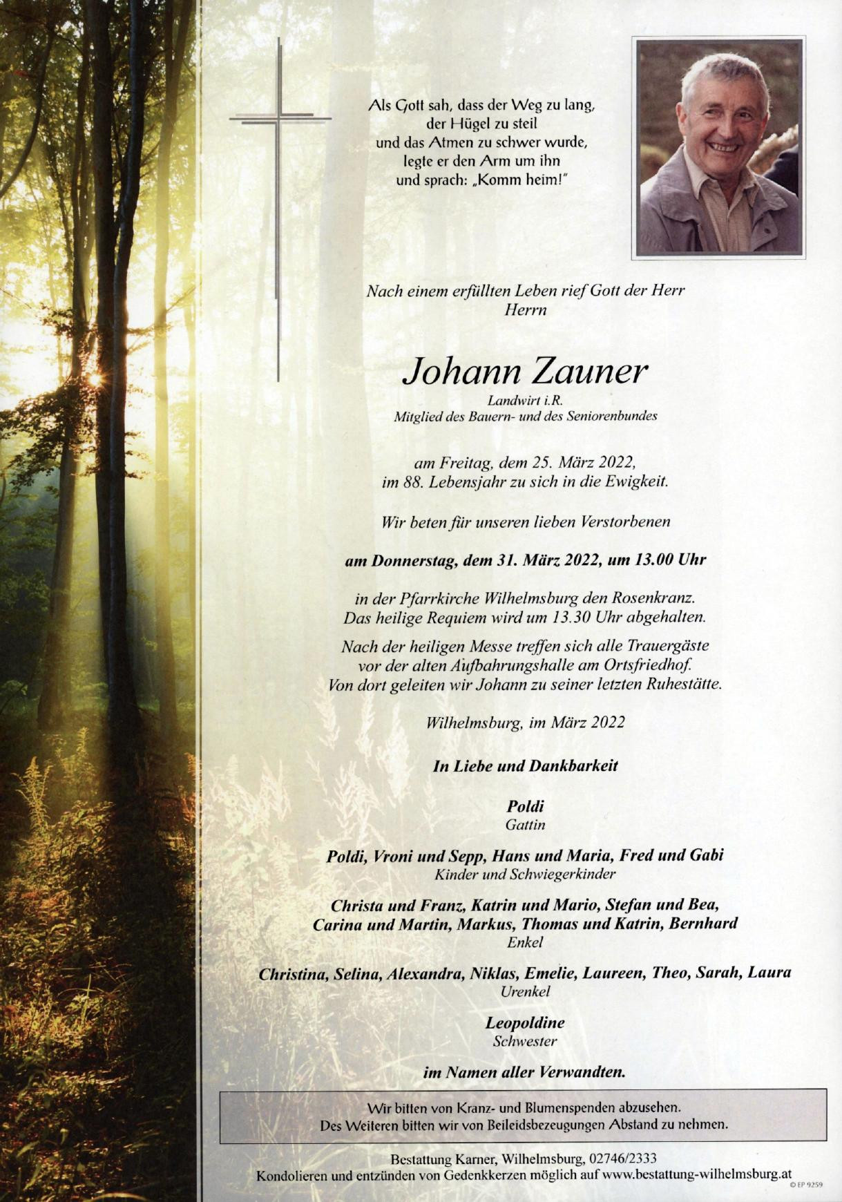 Traueranzeige von Johann Zauner