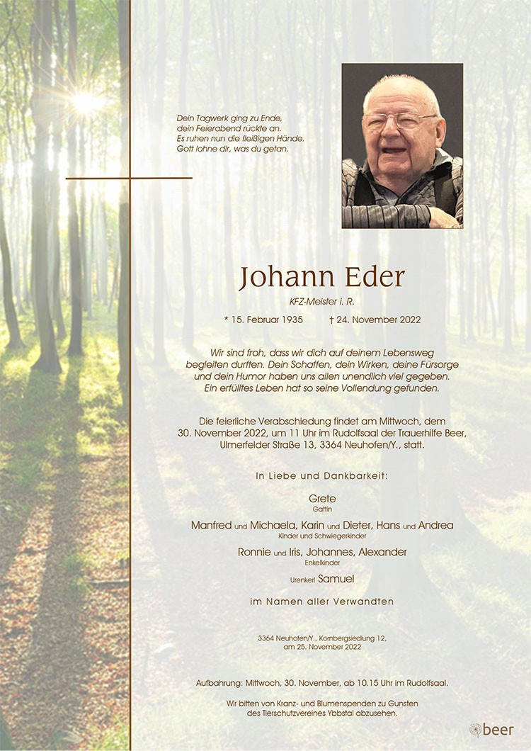 Traueranzeige von Johann Eder