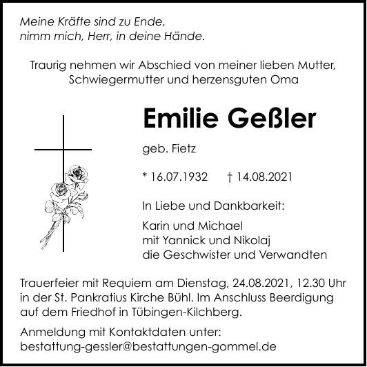 Traueranzeige von Emilie Geßler