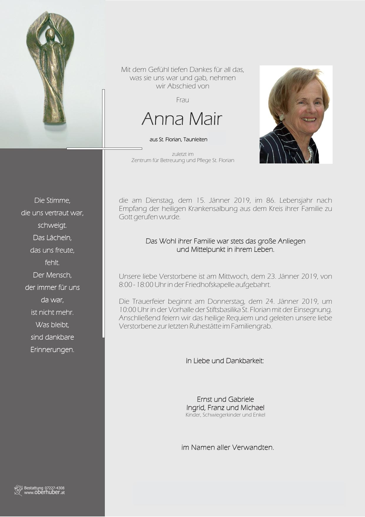 Traueranzeige von Anna MAIR