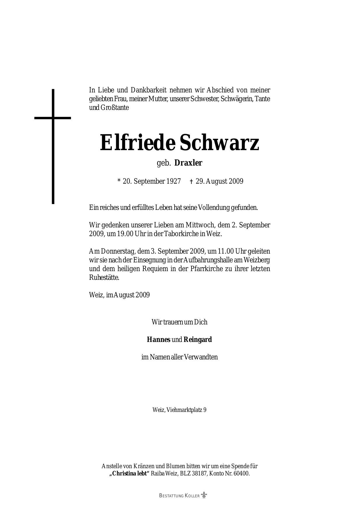 Traueranzeige von Elfriede Schwarz