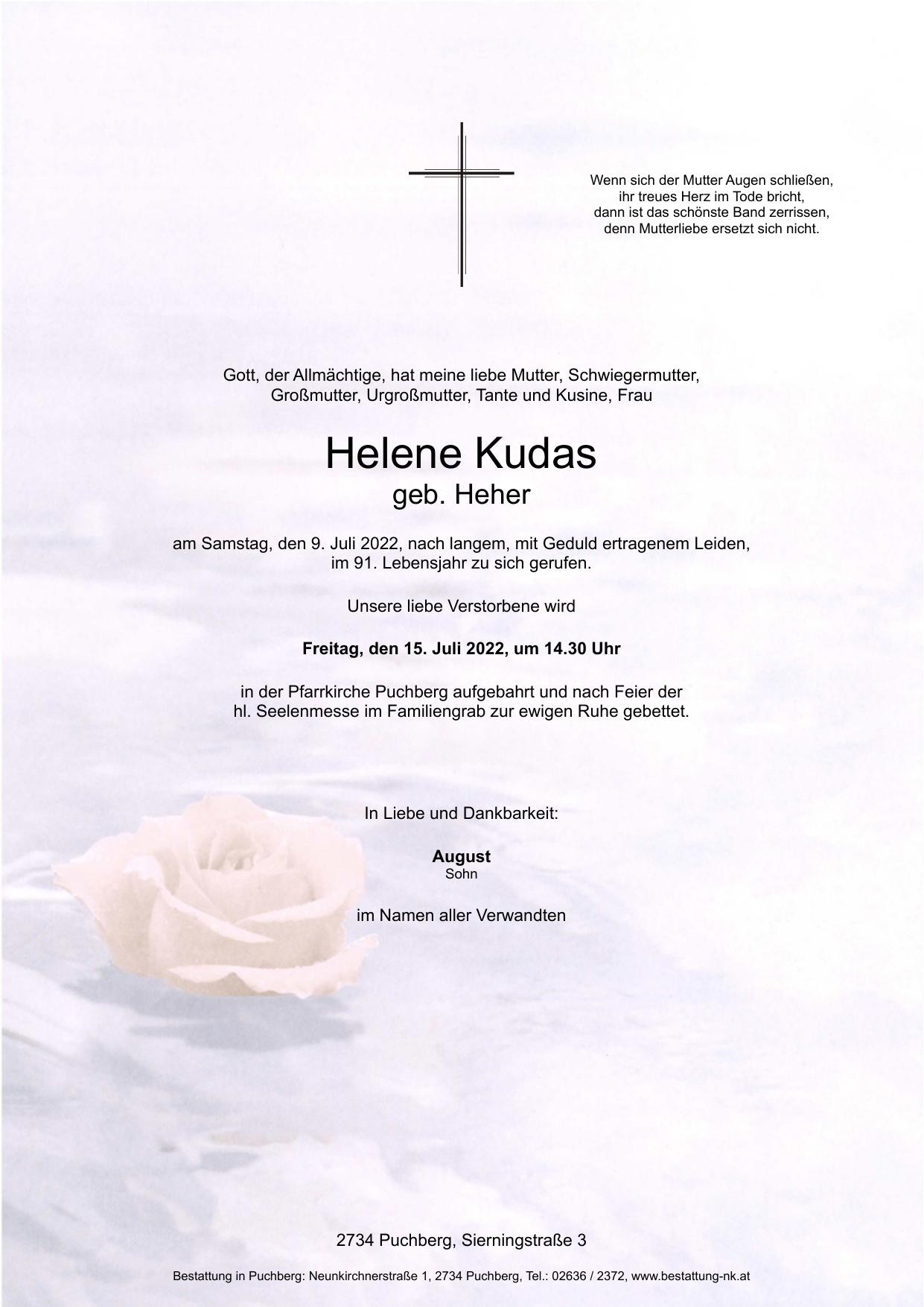 Traueranzeige von Helene Kudas