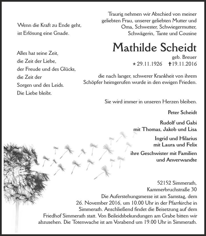 Traueranzeige von Mathilde Scheidt