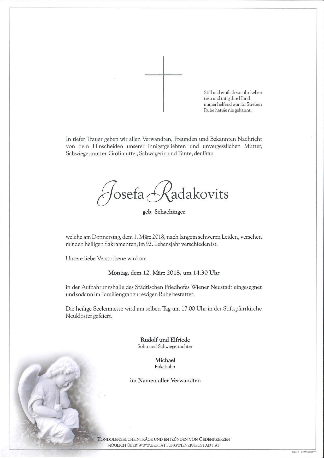 Traueranzeige von Josefa Radakovits