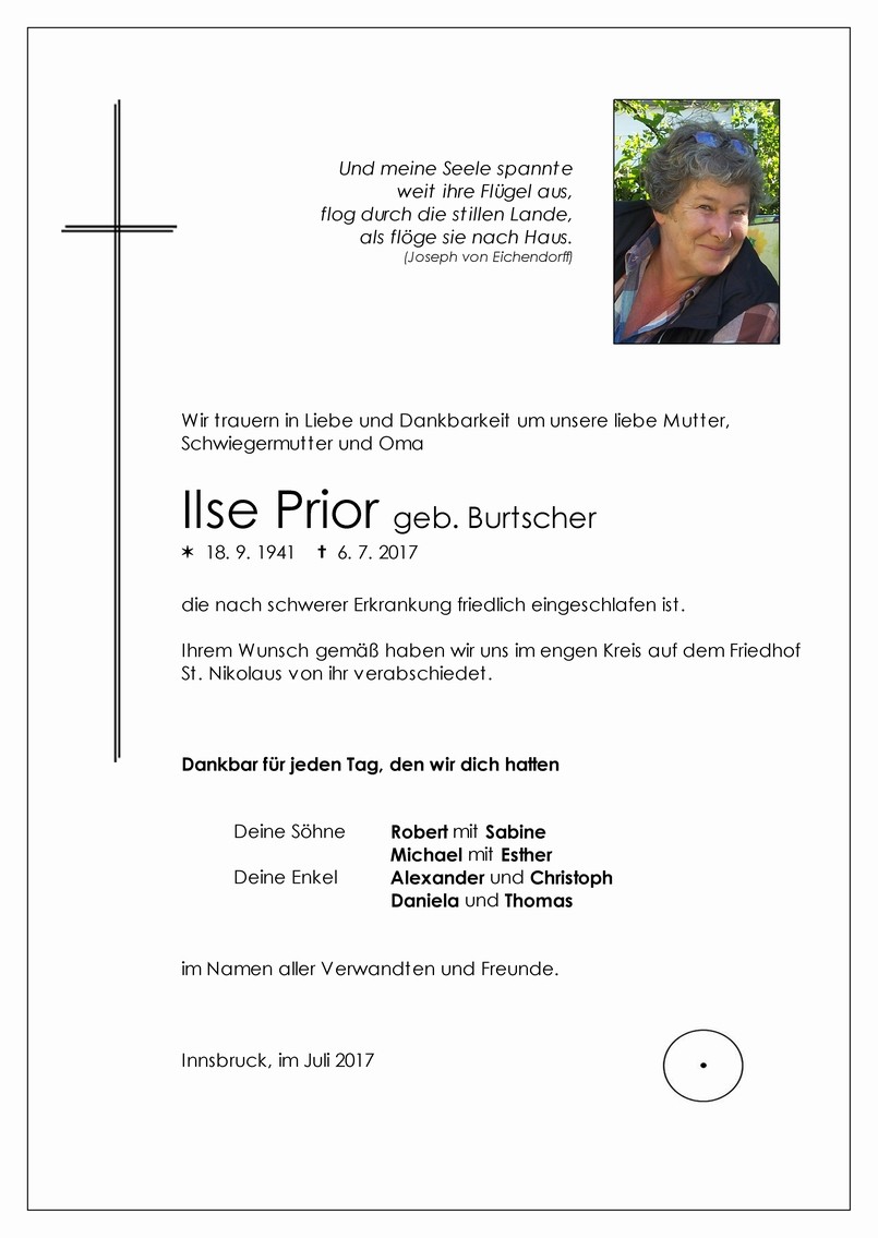Traueranzeige von Ilse Prior