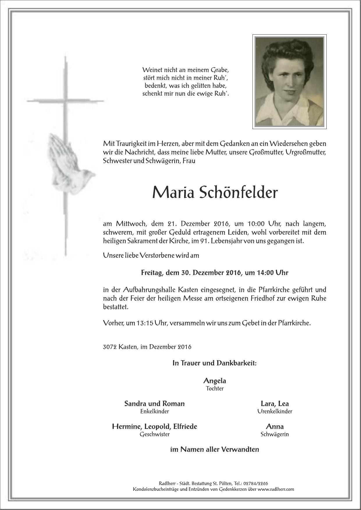 Traueranzeige von Maria Schönfelder