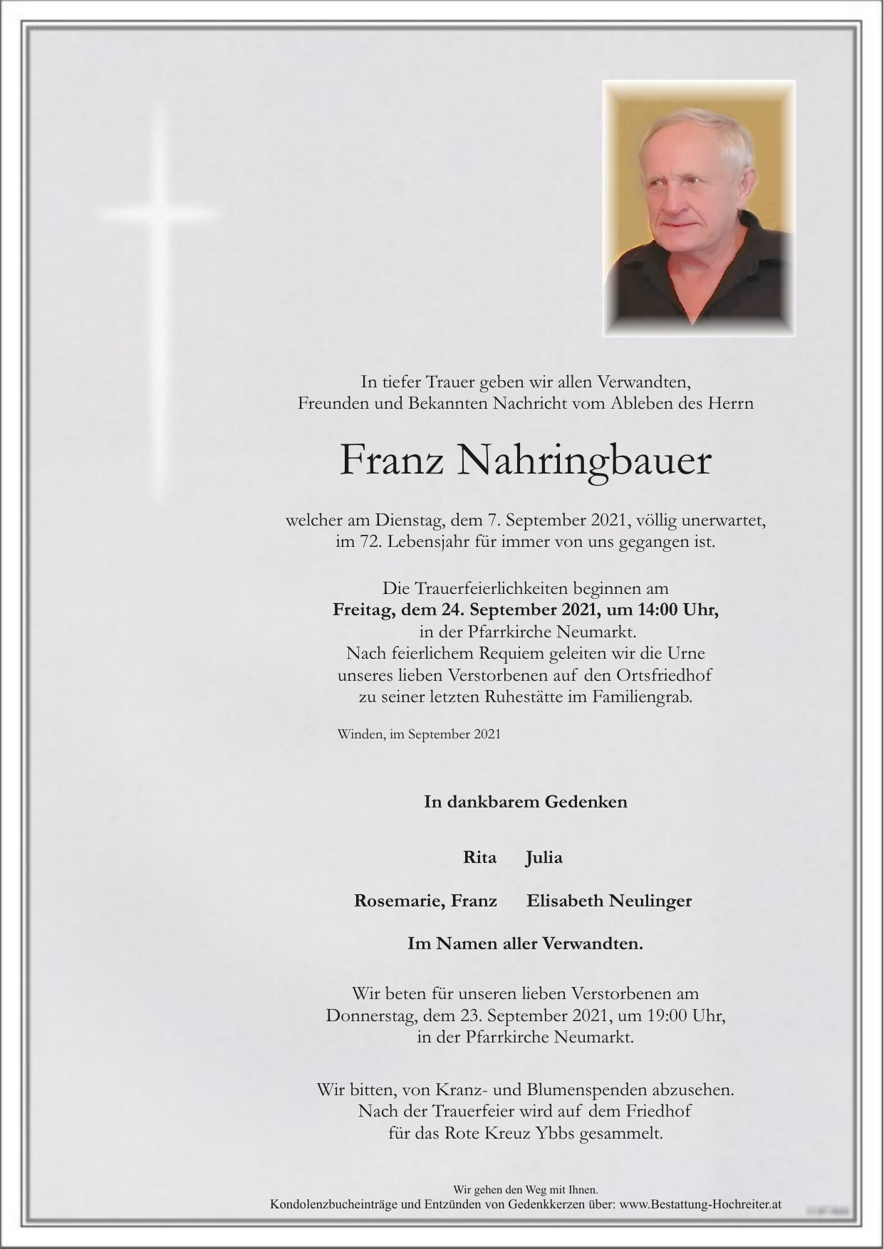 Traueranzeige von Franz Nahringbauer