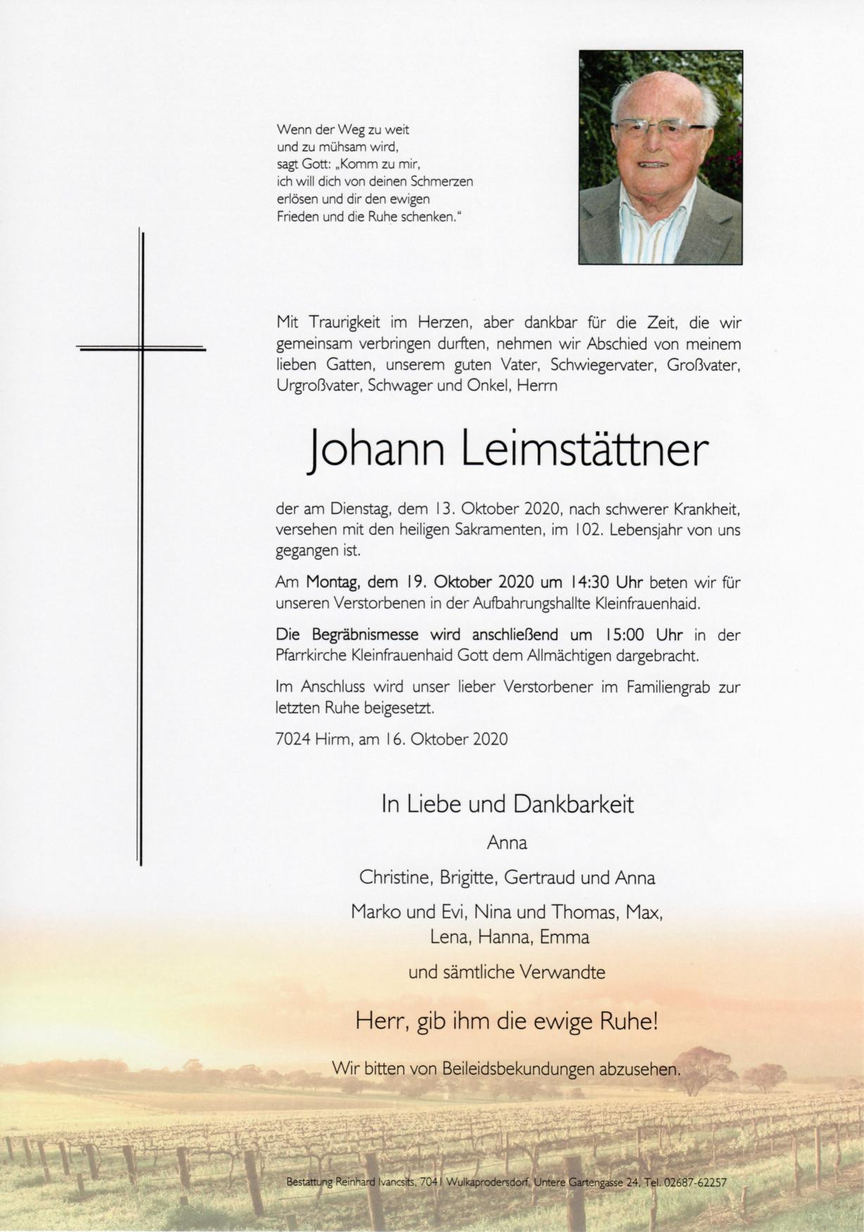 Traueranzeige von Johann Leimstättner