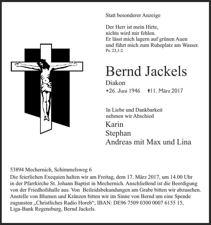 Traueranzeige von Bernd Jackels