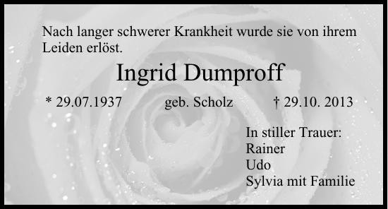 Traueranzeige von Ingrid Dumproff