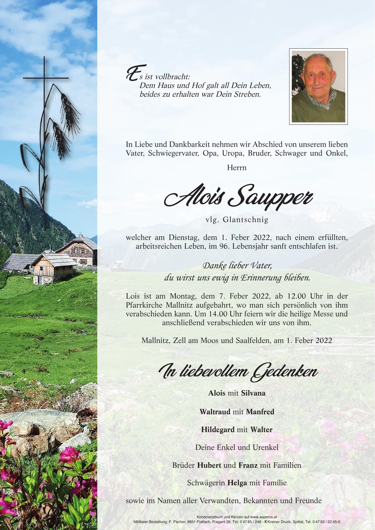 Traueranzeige von Alois Saupper