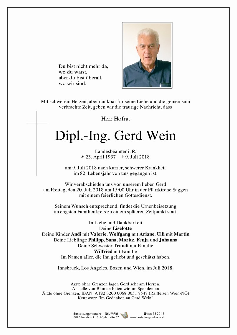 Traueranzeige von Hofrat Dipl.-Ing. Gerd Wein