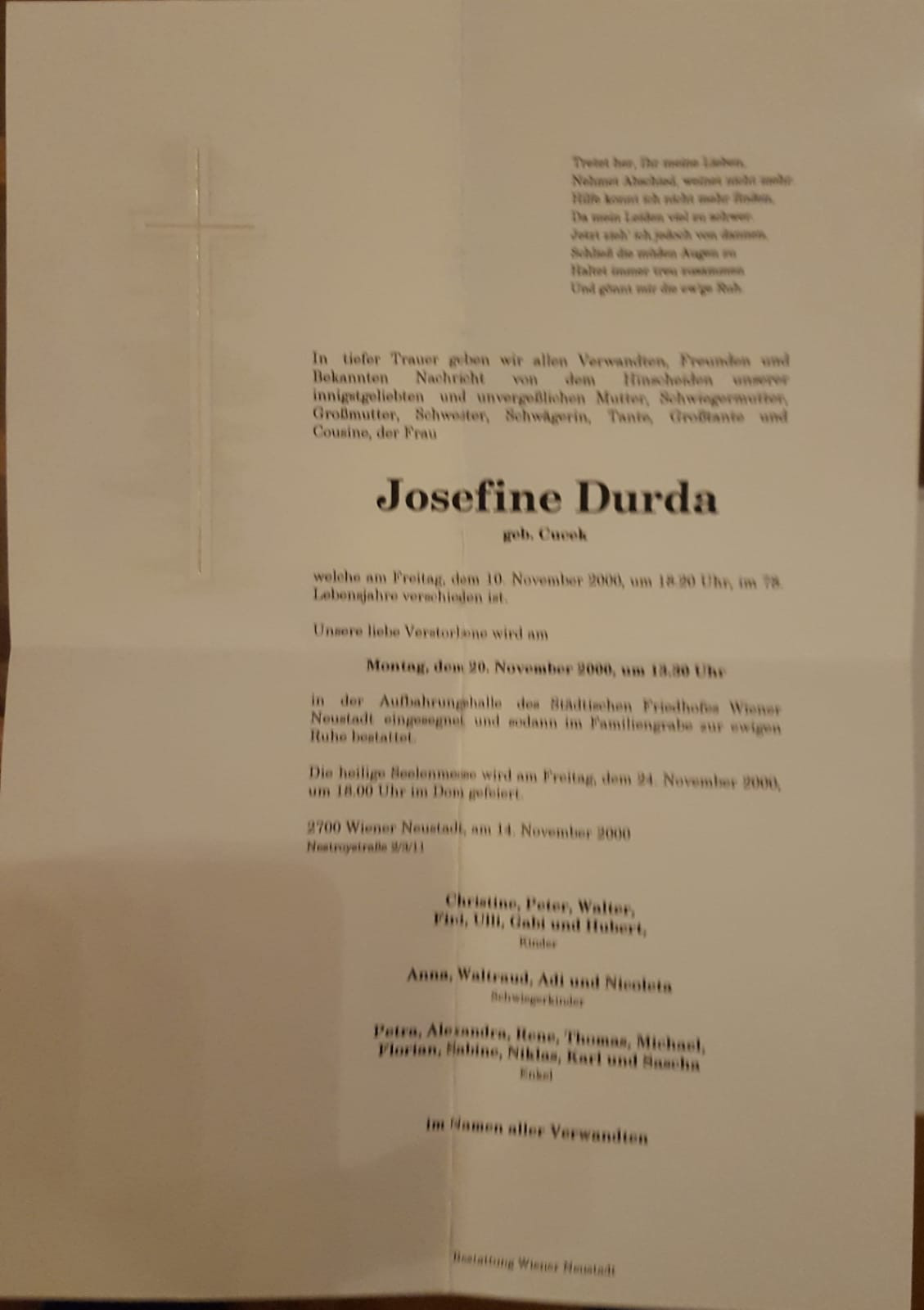 Traueranzeige von Durda Josefine