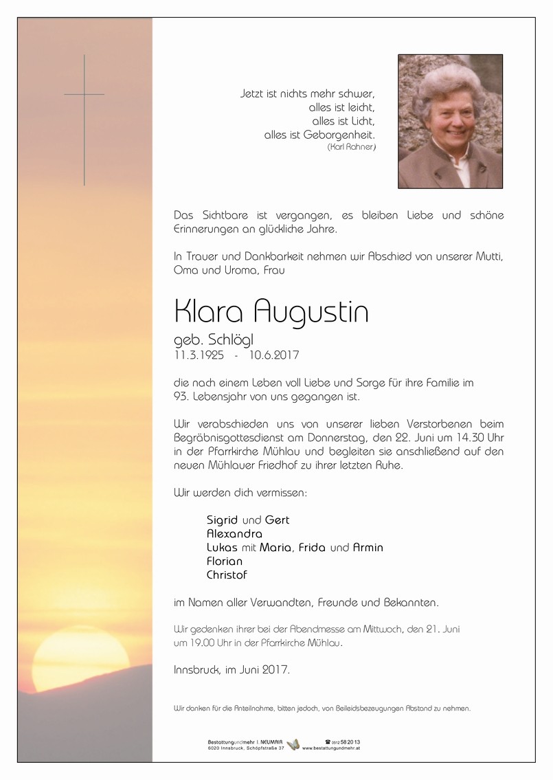 Traueranzeige von Klara Augustin