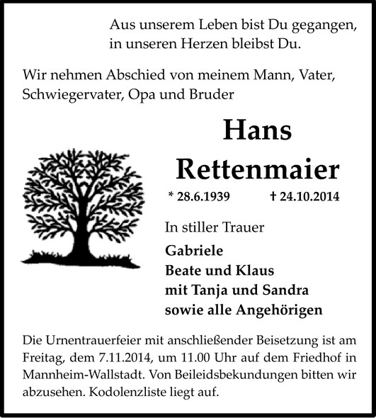 Traueranzeige von Hans Rettenmaier