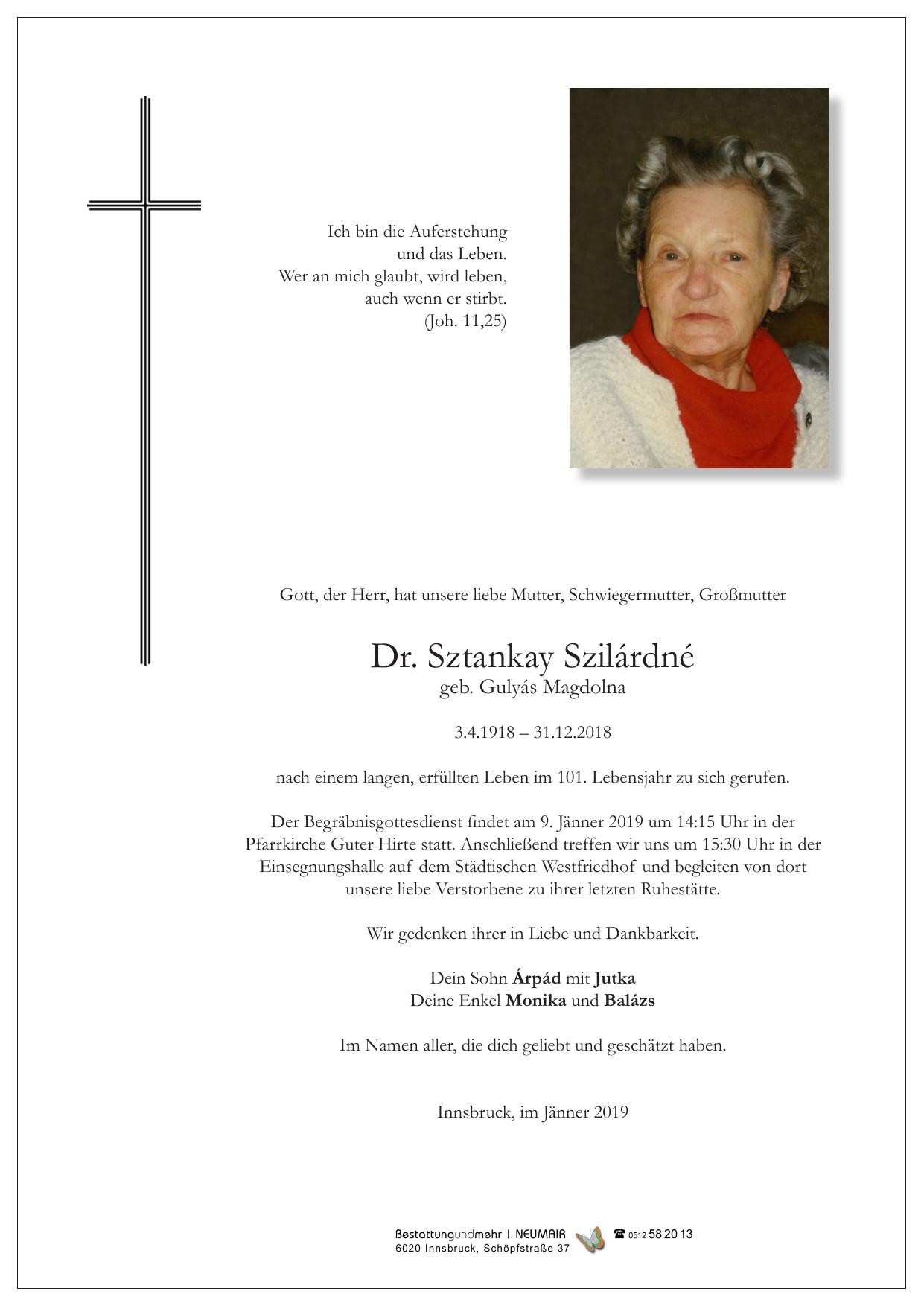 Traueranzeige von Dr. Szilardne Sztankay